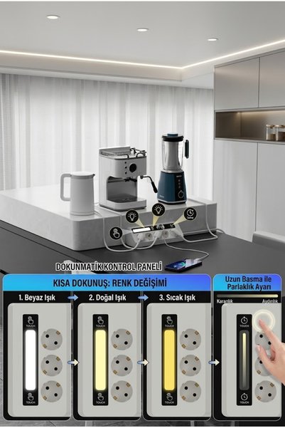 sonx 5'li Çoklu Priz 2 USB 2 Type-C Girişli Dokunmatik LED Gece Lambalı Aşırı Yük Korumalı