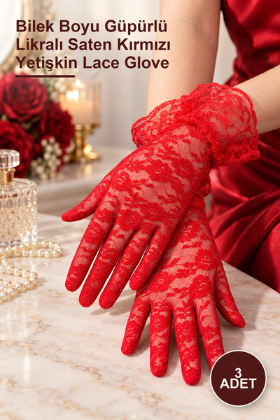 Yenilig 3 Pieces of Lace Gloves – Wrist-Length Laced Lycra Satin Red Adult La...