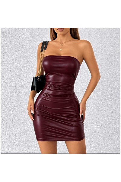 MAROVOAY Suni deri mini straplez elbise