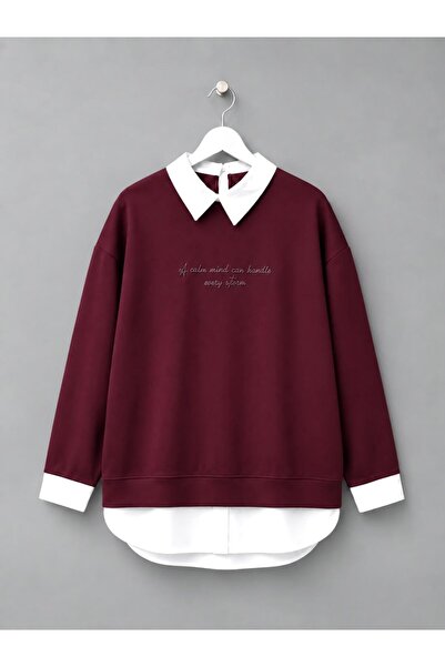 KEVRA Kadın Gömlek Yaka Etek Detaylı Yazılı Oversize Sweatshirt