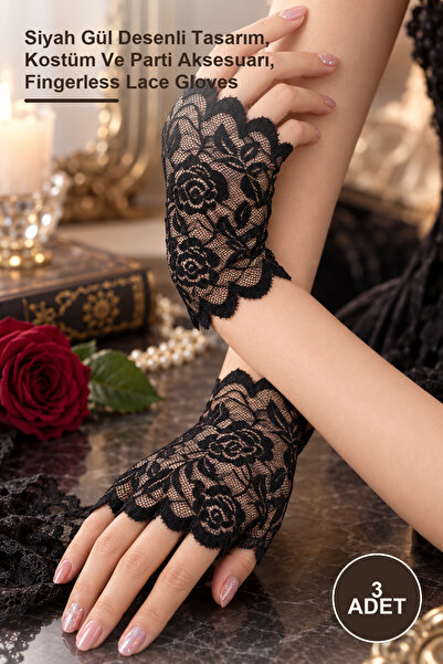 Yenilig 3 Pieces of Lace Fingerless Short Gloves – Black Rose Pattern Design,...