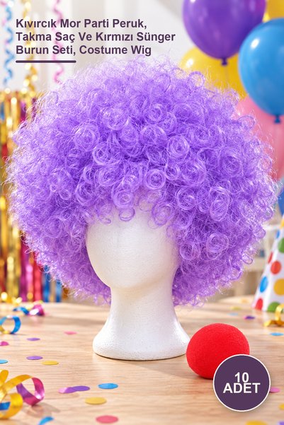 Yenilig 10 afro bonus wigs - curly purple party wig, fake hair and red sponge...