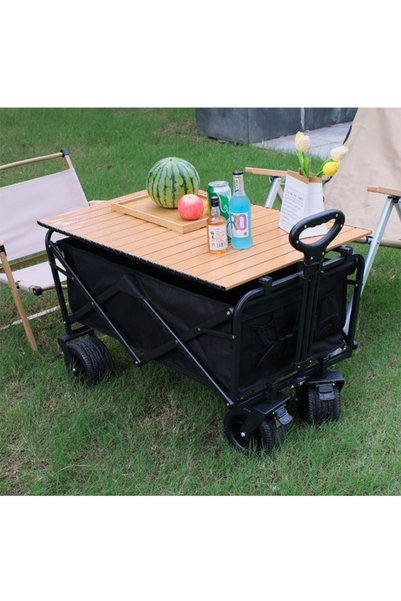 Generic Brand Foldable Utility Wagon Cart with Wooden-Style Slat Top, Large Storage Compartment and Pull Handle, 95 × 90 × 50 cm