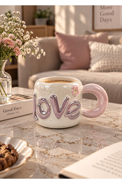 Onedekor Dear Love Lüsterli Pudra Pembe Porselen Kupa 480 ML