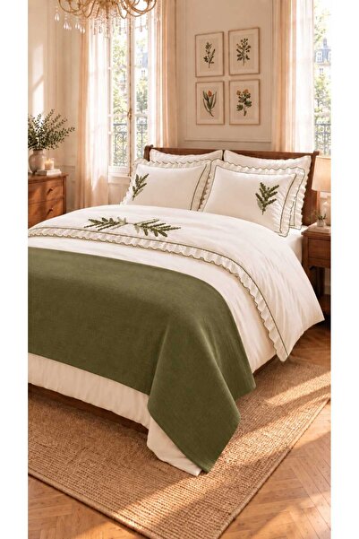 İK TEKSTİL Trigo Khaki Green Floral Embroidered Cotton Duvet Cover Set 7 Piec...