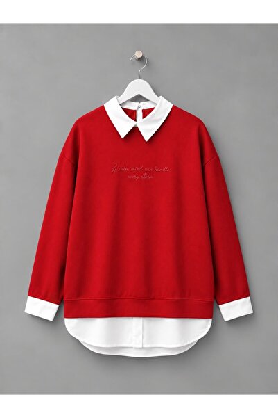 KEVRA Kadın Gömlek Yaka Etek Detaylı Yazılı Oversize Sweatshirt