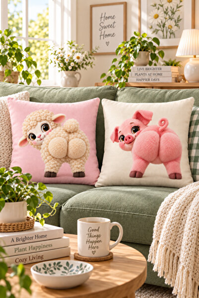 ayshome textile Dijital Baskı Sevimli Kuzu Esprili Dekoratif 2'Li Kırlent Kılıfı Seti (Hediyelik ev bahçe)