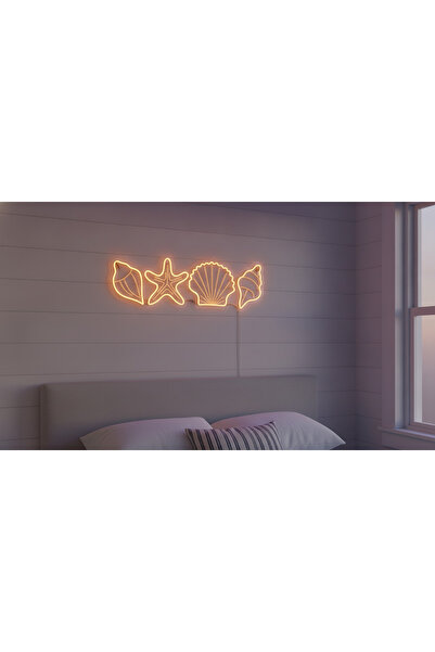 Deniz Kabuğu Figürlü LED Neon Duvar Tablosu | Amber Aydınlatmalı Modern Dekor | Banyo