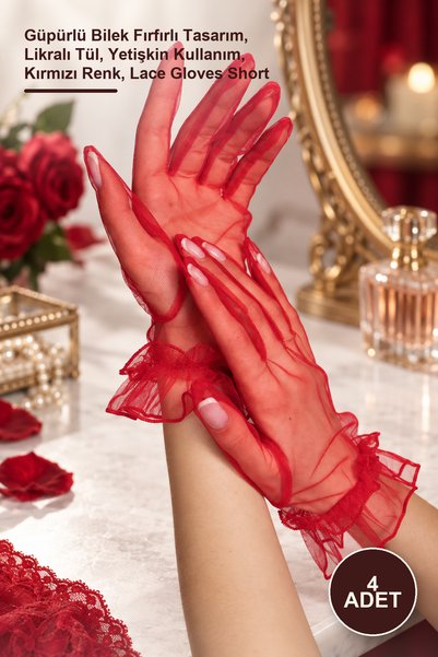Yenilig 4 Pieces of Short Tulle Gloves – Lace-Up Wrist Ruffle Design, Lycra T...