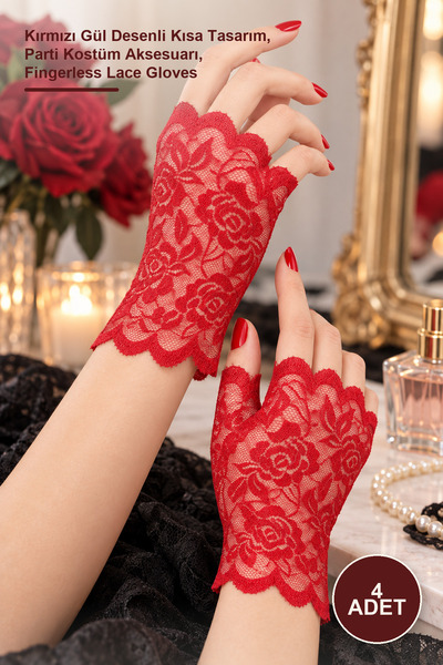 Yenilig 4 Pieces Fingerless Lace Gloves – Short Design with Red Rose Pattern,...