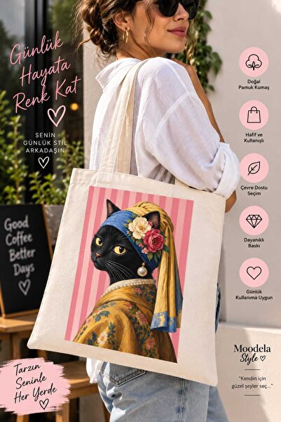 Genel Markalar Kadın Siyah Kedi Desenli Bez Çanta | Doğal Pamuk Kumaş Omuz Ça...