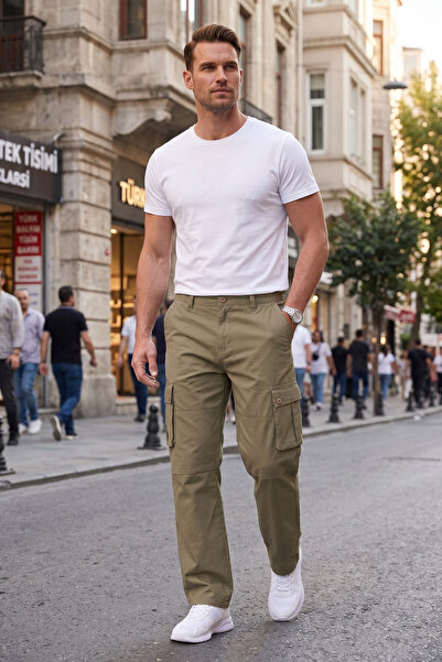 DeepSEA Men's Relaxed Fit Loose Cut Lycra Green Outdoor Cargo Pants – Multi-P...