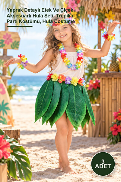 Yenilig 3 Pcs Kids Hawaiian Costume – Hula Set with Leaf Detailed Skirt and F...