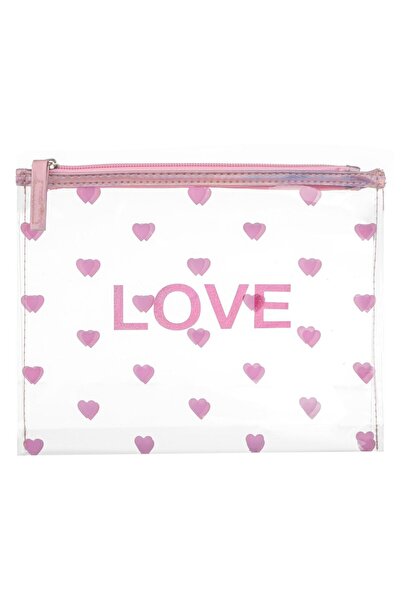 OEM Trusă cosmetică transparentă cu inimioare roz și sclipici „LOVE”, 22.5x19cm