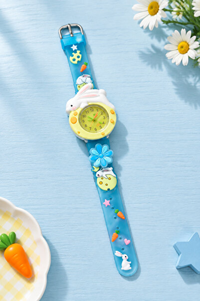 BBS Children's Wristwatch with Rotating Flowers and Cute Rabbit Figures, Blue...
