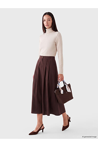 LC Waikiki Peak New Season Brown Buttoned Waist Zippered Pleated Skirt