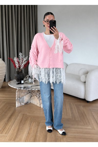 RFK Butik Women's Premium Lace Detailed Knitwear Cardigan - Pink