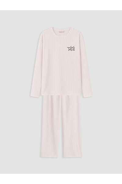 LC Waikiki Vizyon New Season Ecru Crew Neck Striped Women's Pajama Set