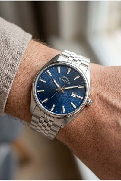 Slazenger Silver Men's Wristwatch with Navy Blue Dial |   41mm Stainless Stee...