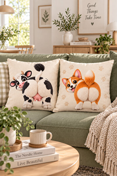 ayshome textile Dijital Baskı Esprili Köpek İnek 2!Li Kırlent Kılıfı Seti (Hediyelik ev bahçe)