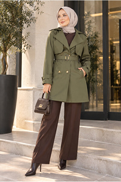 ASTEMİA Women's Double-Breasted Collared Belted Buttoned Hijab Trench Coat – ...