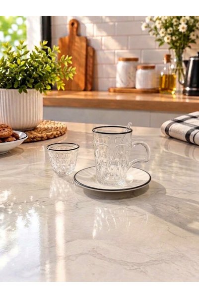 AR HOME طقم شاي وقهوة زجاجي 48 قطعة - خط أسود