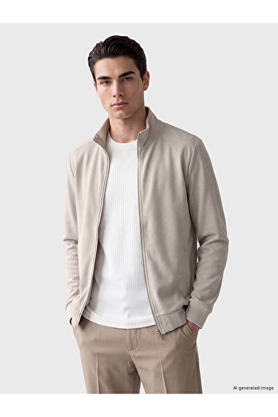 LC Waikiki Ozmarka New Season Beige Stand Collar Men's Zippered Sweatshirt
