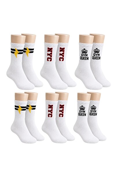 WomanAndKids Wak Women's Sports Socks White with Writing 6-Piece Set Long Soc...