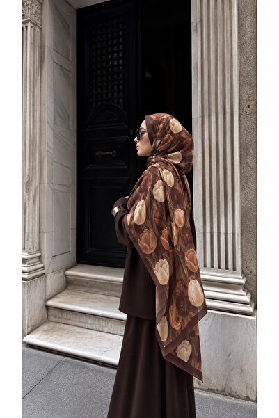 AGAPI Brown Tulip Patterned Shawl – Elegant and Stylish Women's Shawl with Fl...