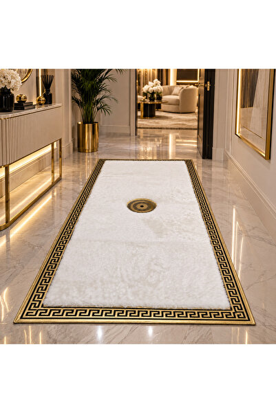 Volas Gold Bordürlü Beyaz Peluş Halı Lüks Dekoratif Salon ve Oturma Odası Halısı