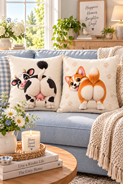 ayshome textile Dijital Baskı Esprili Köpek İnek 2!Li Kırlent Kılıfı Seti (Hediyelik ev bahçe)