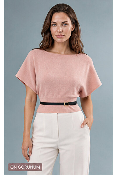 Generic Brand By Ardeli̇on Women's Powder Pink Bat Sleeve Boat Neck Basic Kni...