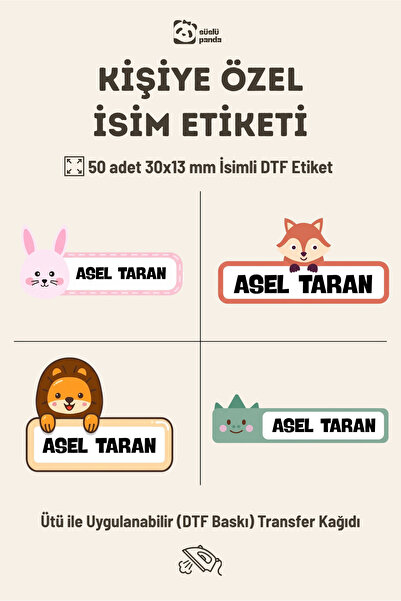 Genel Markalar Kişiye Özel İsim Etiketi 50 Adet 30x13 mm Ütüyle Yapışan DTF B...