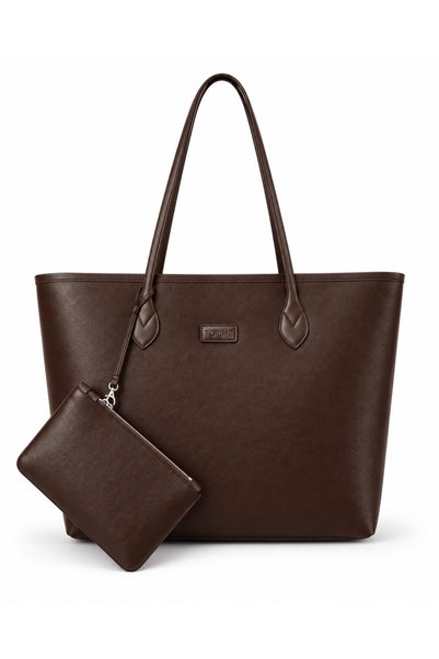 torime Geantă de umăr pentru femei, maro, mărime mare, din piele artificială, cu volum interior generos, geantă shopper casual cu portofel
