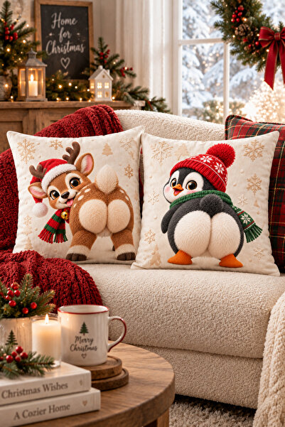 ayshome textile Dijital Baskı Yılbaşı Geyiği Ve Pengueni Esprili 2'Li Kırlent Kılıfı Seti