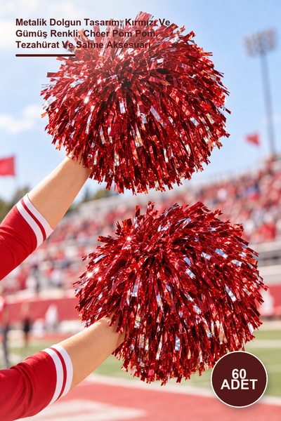 Yenilig 60 Pcs Cheer Pompoms – Metallic Plump Design, Red and Silver Colored,...