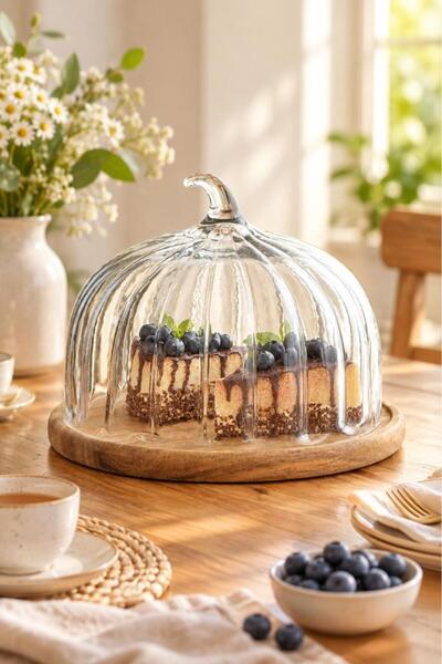 Atbyhome Akasya Ahşap Tabanlı Cam Kek Fanusu 30x24 cm | Kapaklı Pasta Ve Tatl...