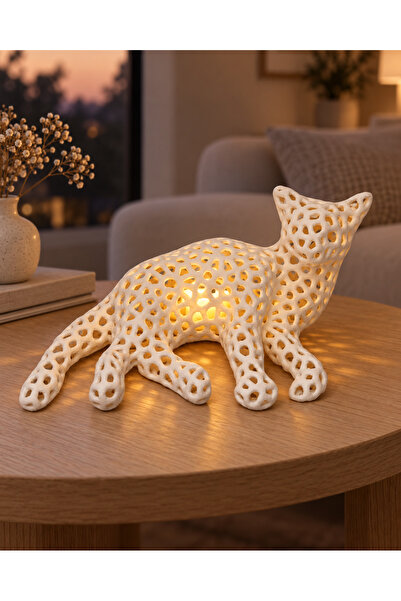 Kedi Figürlü Dekoratif Mumluk + LED Mum Hediyeli – 3D Baskı Masaüstü Obje