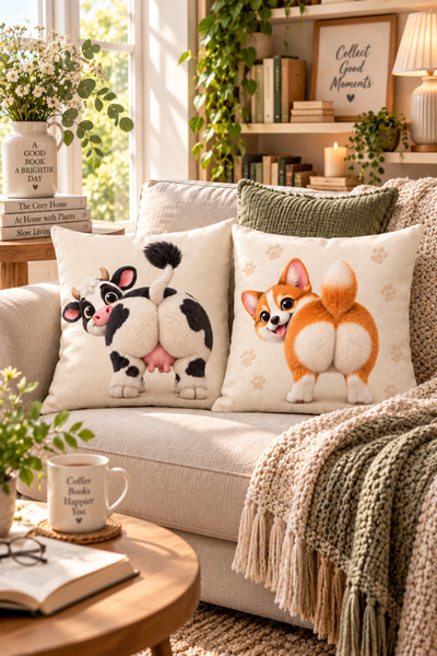 ayshome textile Dijital Baskı Esprili Köpek İnek 2!Li Kırlent Kılıfı Seti (Hediyelik ev bahçe)