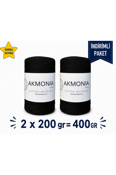Premium Makrome ipi zincir ip 200gr x 2 Toplam 400 GR çanta ipi supla ipi dekor ipi örgü ip Siyah