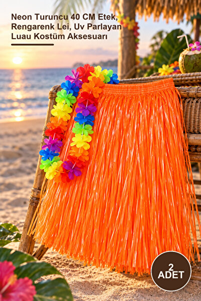 Yenilig 2 Pcs Hawaiian Party Skirt and Flower Necklace Set – Neon Orange 40 c...