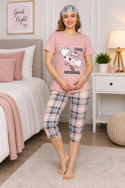 BOYRAZ Pijama Dama cu Masca de Dormit, tricou, pantaloni 3/4, roz