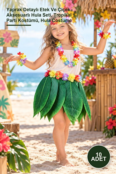 Yenilig 10 Pcs Kids Hawaiian Costume – Hula Set with Leaf Detailed Skirt and ...