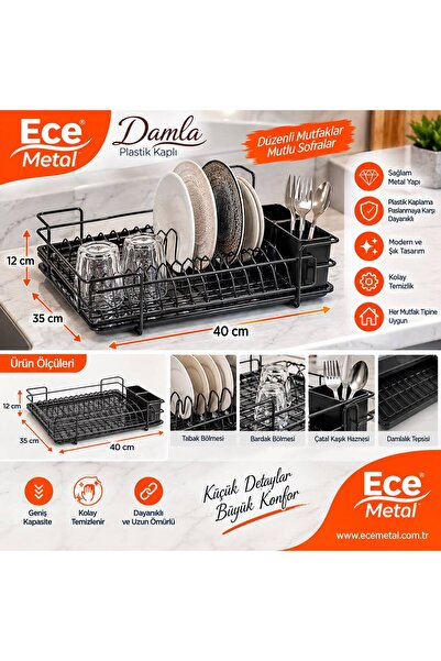 Ece Metal Damla Plastik Kaplı Bulaşıklık – Damlalıklı Tezgah Üstü Tabaklık, Bardaklık ve Çatal Kaşıklık 40x35x12 cm