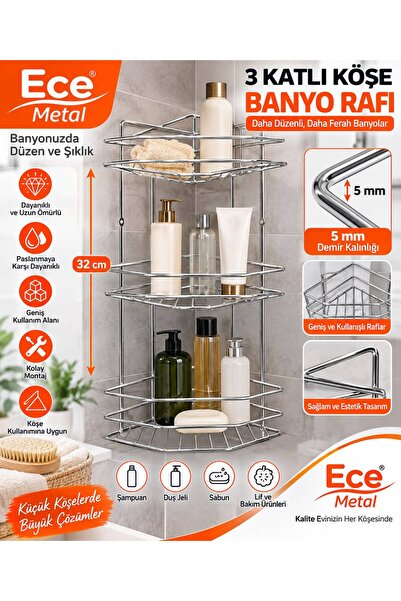 3 Katlı 5 mm Metal Banyo Şampuanlığı – Çok Amaçlı Duş Rafı, Banyo Düzenleyici Organizer