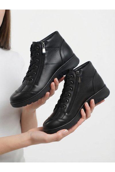 Tamdabu Ayakkabı Genuine Leather Black 3 cm Heeled Orthopedic Short Women's Boots