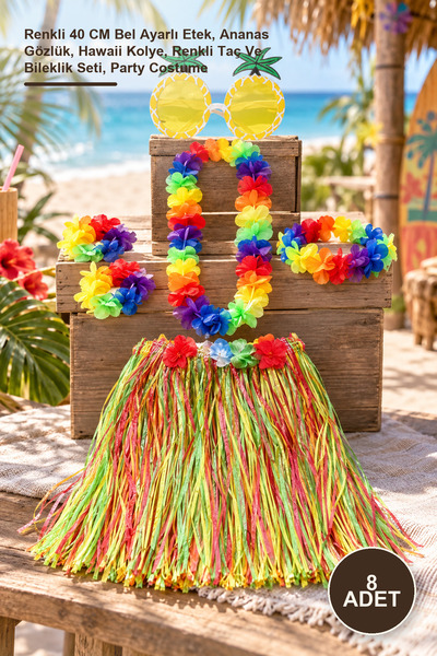 8 Adet Luau Aloha Hawaii Hula Etek – Renkli 40 CM Bel Ayarlı Etek, Ananas Gözlük, Hawaii Kolye, Renkli Taç Ve Bileklik Seti, Party Costume