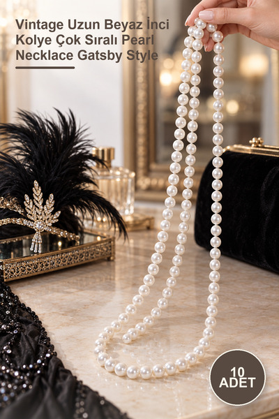 Yenilig 10 Adet 1920 Gatsby İnci Kolye – Vintage Uzun Beyaz İnci Kolye Çok Sıralı Pearl Necklace Gatsby Style