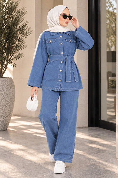 ASTEMİA Women's Belted Buttoned Denim Jacket Wide Leg Pants Double Hijab Set ...