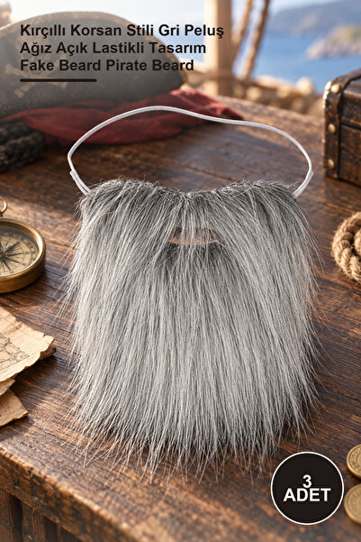 Yenilig 3 Pieces of Fake Beards – Gray Plush Pirate Style with Open Mouth and...